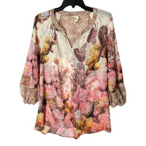 Nwot Fig & Flower Sheer Floral Cactus Blouse M Anthropologie Split V Neck Henley